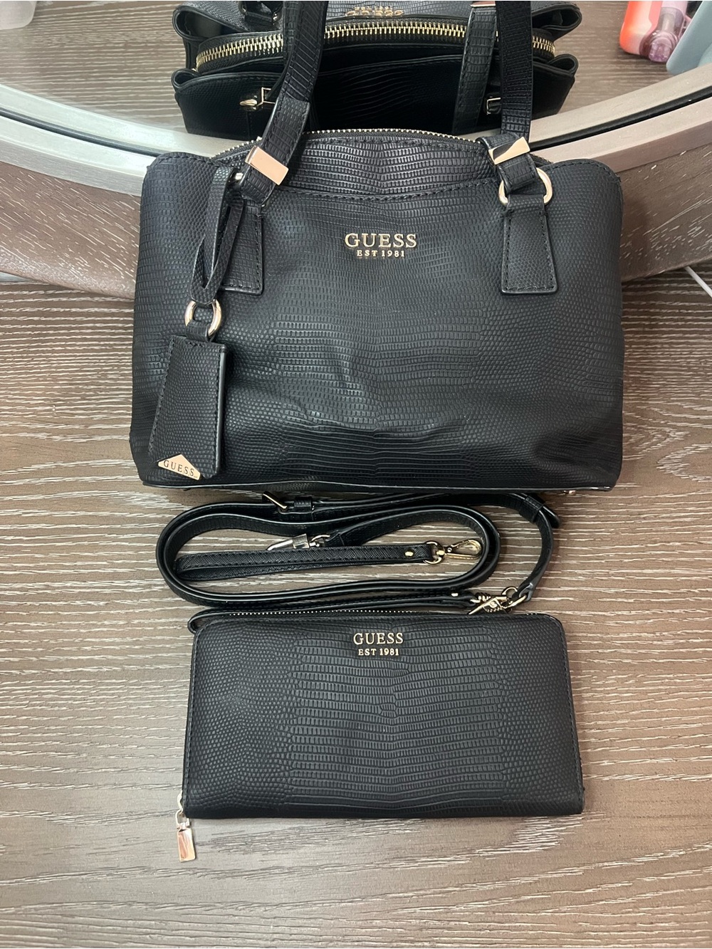 GUESS Black Textured Satchel with Wallet and Detachable Strap